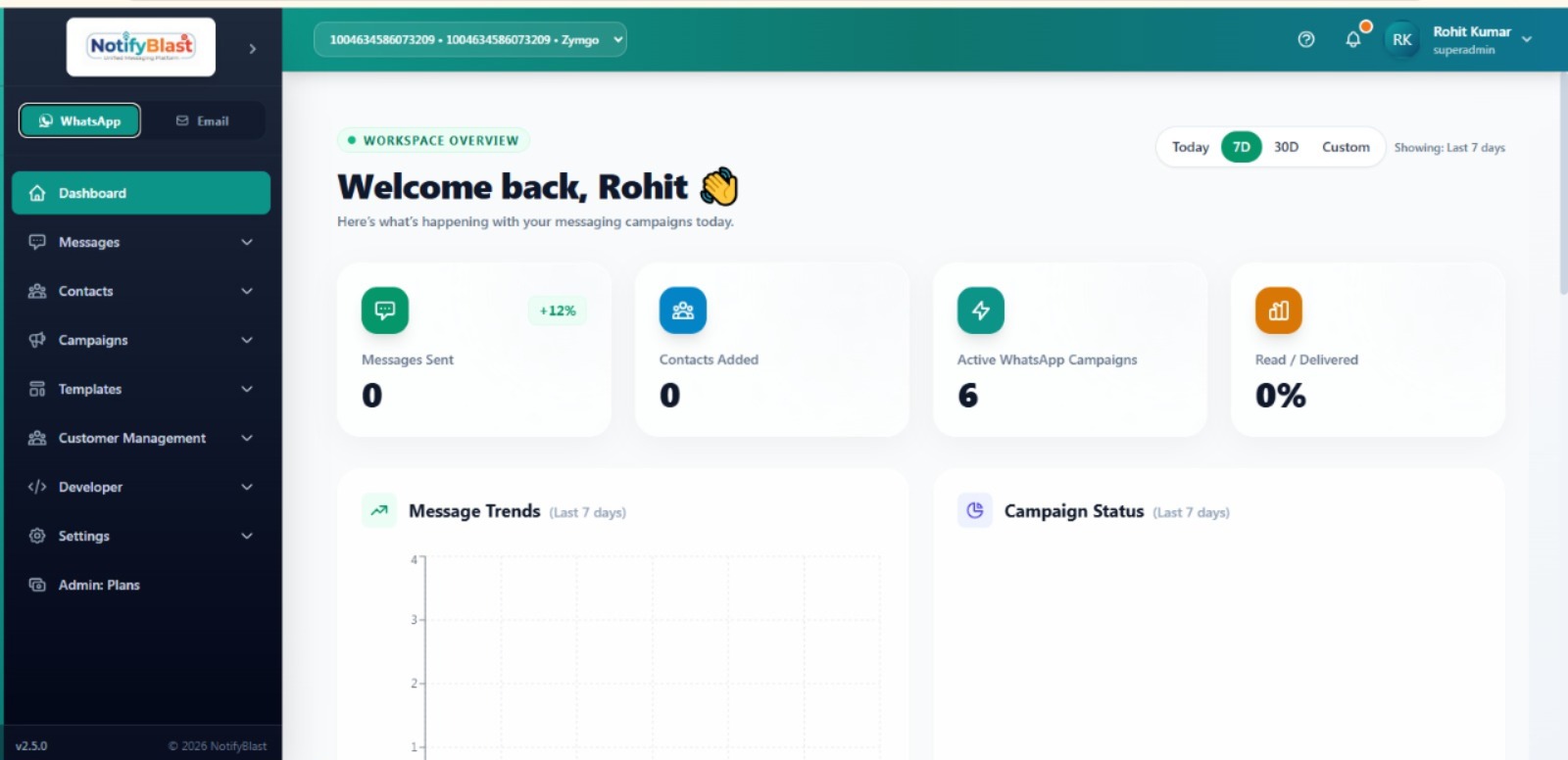WhatsApp Cloud API dashboard with bulk messaging and chatbot automation by Kodexive